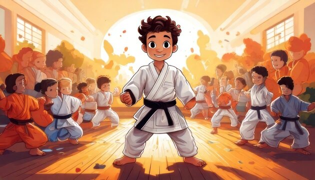 A young karate student leads his class with confidence.