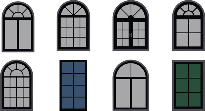 Collection of classic arched and rectangular window vector icons with various frame designs and glass panes isolated on a white background.