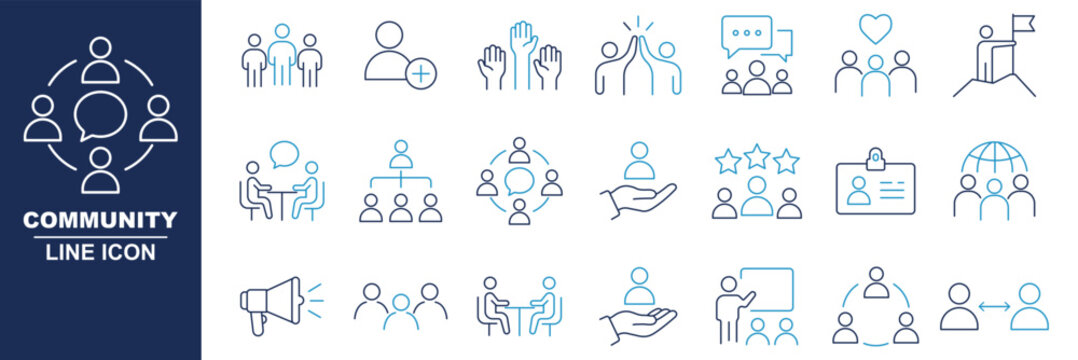 Modern Community line icon set. Neighborhood, friendship, family, love, teamwork, team building, leadership, unity, coworker outline icons. Editable vector stroke. Clean public service line community 