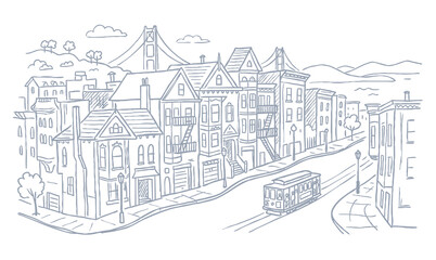 Naklejka premium Vector line art of a vintage building. Old Building In San Fransisco City.