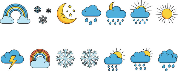 Fototapeta premium Colorful weather icons set with rainbow sun moon clouds rain snow and thunder flat vector illustration collection