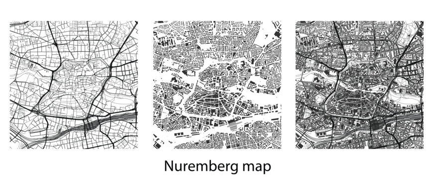Nuremberg Germany city map vector illustration with detailed street network, building footprints, and Pegnitz river layout in minimalist black and white.