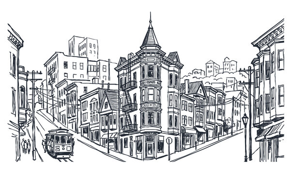 Vector line art of a vintage building. Old Building In San Fransisco City.