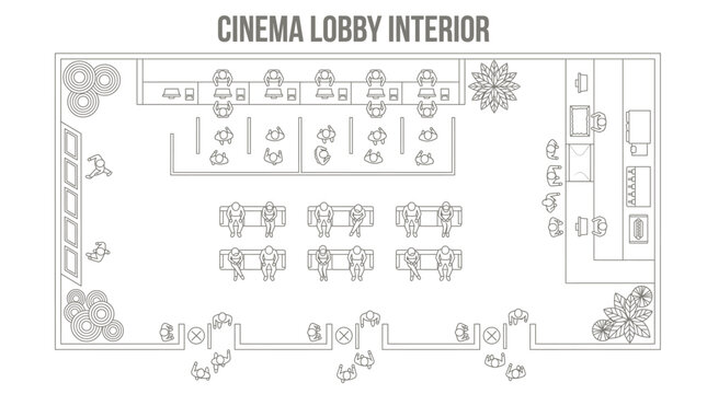Cinema lobby interior architectural floor plan for entertainment venue design, construction planning, and public space layout projects