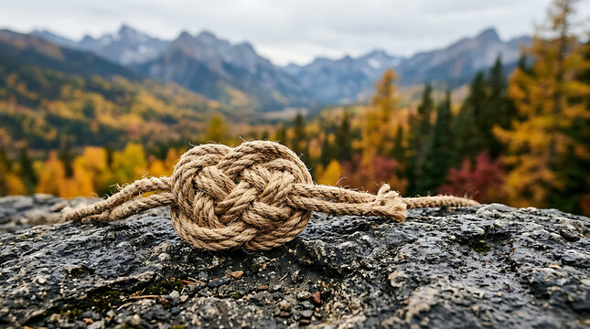 A thick rope tied into a monkey fist knot with loose ends resting on a rocky surface against a blurred background, of a golden, autumn forest