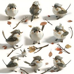 Fototapeta premium Bird Characters a Whimsical Collection of Cute Fluffy Cartoon Birds in Various Poses with Autumn Leaves and Twigs