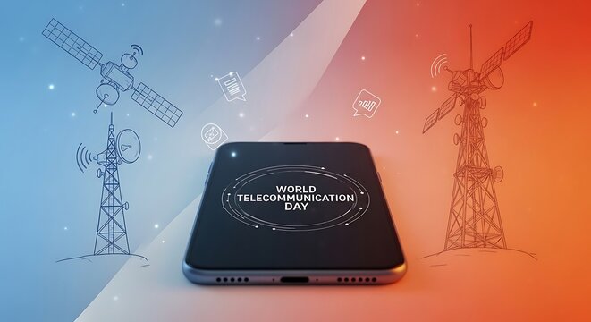 World telecommunication day illustration with mobile phone and communication towers