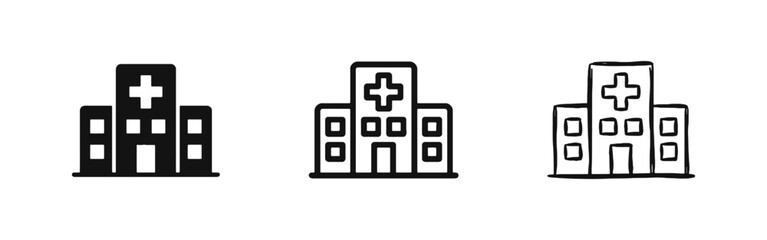 Fototapeta premium Hospital building and healthcare medical center icon set in three distinct styles