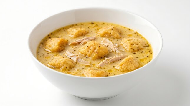 Paraguayan Vori Vori Soup on White Plate Isolated, 45-degree angle