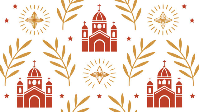 Seamless pattern of churches, leaves, and stars in red and gold
