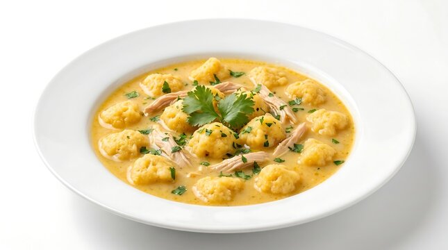 Traditional Paraguayan Vori Vori Soup on White Plate Isolated, 45-degree angle