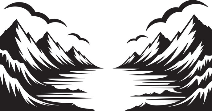 Dramatic mountain range with clouds and birds over water scene with black and white in outline style
