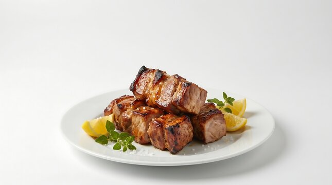 Greek Kontosouvli Roasted Pork on White Plate, 45-degree angle food photography