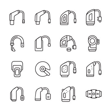 Collection of hearing aid icons with subtle tube details in a clean line art style