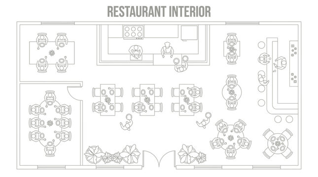 Restaurant interior architectural floor plan for food service business design, dining space layout, and commercial renovation planning
