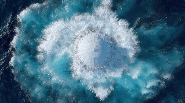 Aerial blue ocean vortex encircling circular formation. Cinematic drone view of swirling waves and foamy edges, dramatic motion captured from above, surreal seascape evoking time and depth, turbulent