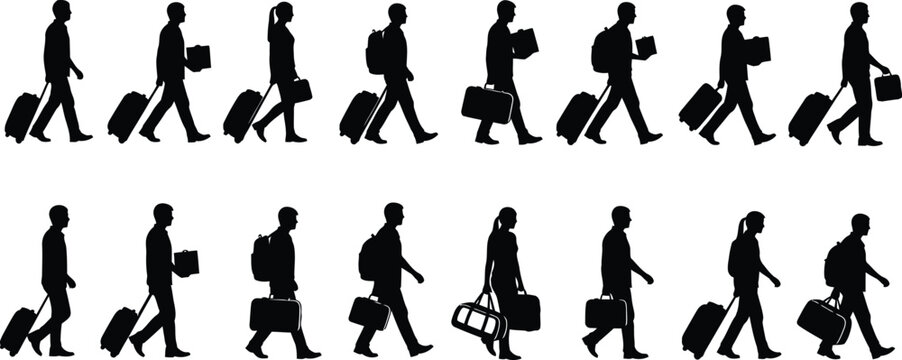 Silhouette of people walking with luggage