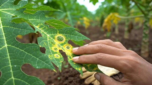 Examining a papaya leaf with yellow spots showing potential signs of disease and damage in a field