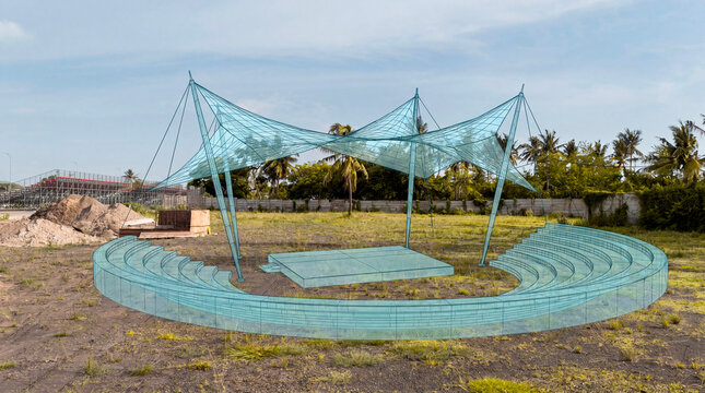 Amphitheater wireframe overlay on undeveloped coastal land showing tensile canopy structure design