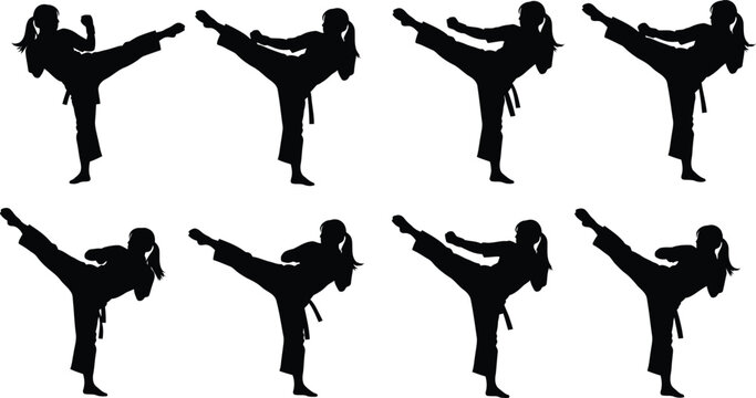 Karate silhouette collection eight dynamic poses of a female martial artist in action