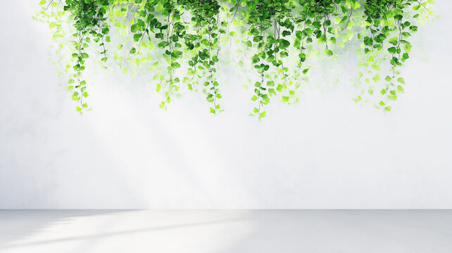 Green ivy leaf wall hanging plant white wall empty room sunlight minimal design fresh nature calm decor peaceful