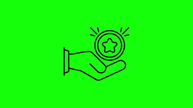 Hand holding a trophy, star, and coin icons, representing achievement and reward, green screen.