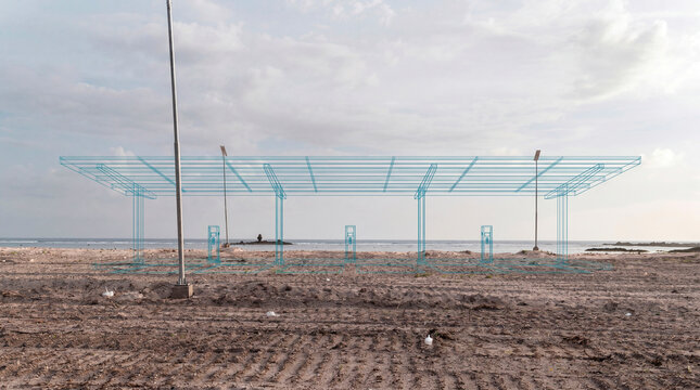 Electric vehicle charging canopy wireframe with solar roof and charger totems on remote sandy shoreline