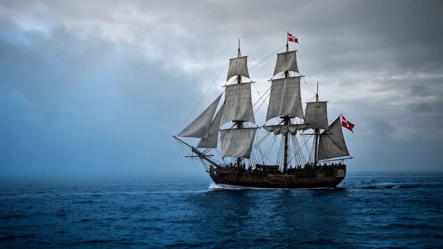vintage wooden frigate ship in dramatic morning mist