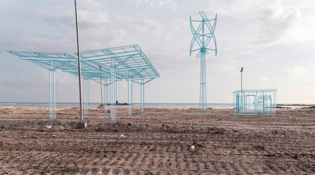 Hybrid renewable infrastructure rendering integrated beside remote coastal utility site
