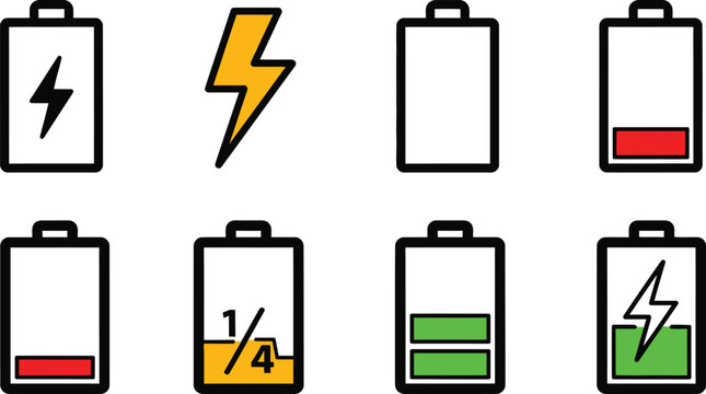 Battery charge level icons set full empty charging and partial power indicators