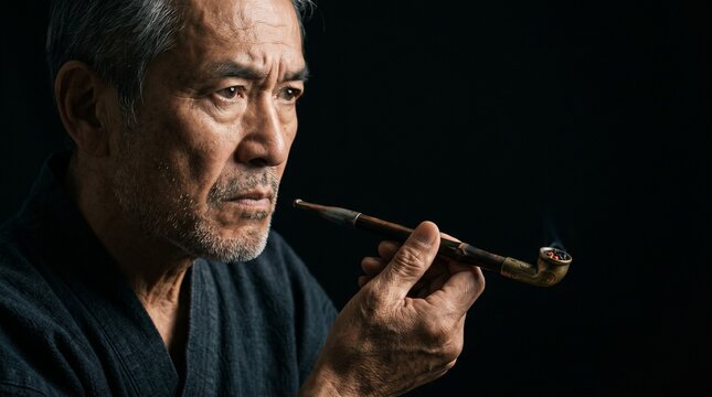 日本の伝統的な喫煙具「煙管（キセル）」。漆黒の空間で時を刻む、キセルを持つ手と燻る煙のドラマチックなクローズアップ