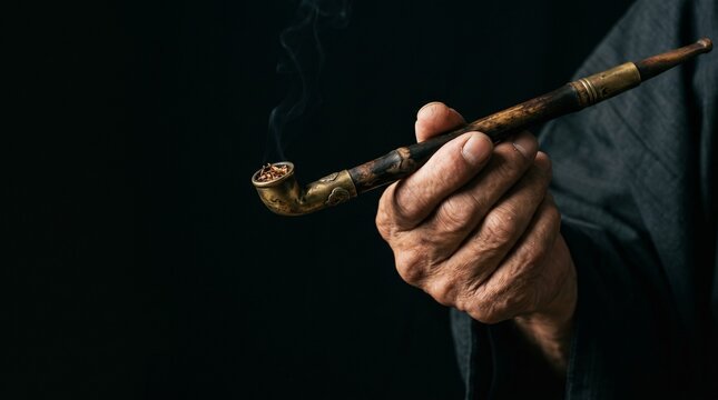 日本の伝統的な喫煙具「煙管（キセル）」。漆黒の空間で時を刻む、キセルを持つ手と燻る煙のドラマチックなクローズアップ