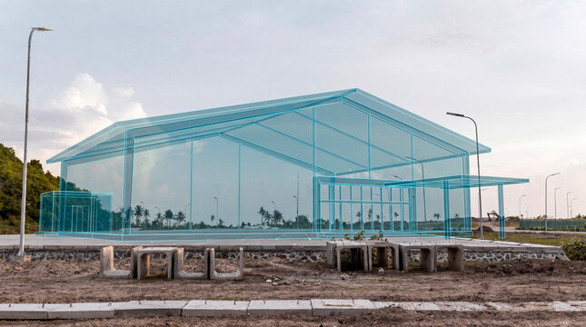 Single span warehouse wireframe with gabled roof projected over freshly poured concrete parking lot