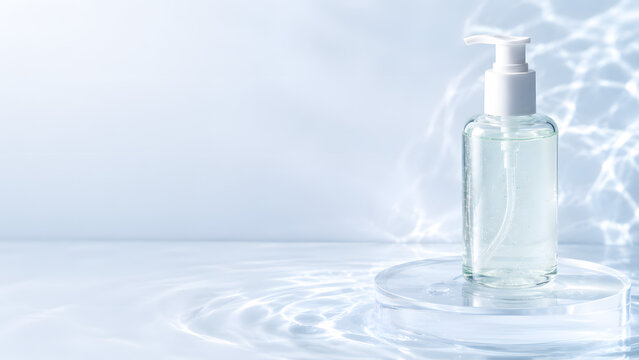Luxury Facial Cleanser Bottle Mockup with Water Ripples and Acrylic Podium