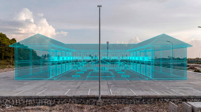 Symmetrical motel wireframe with central courtyard projection over empty parking lot at twilight