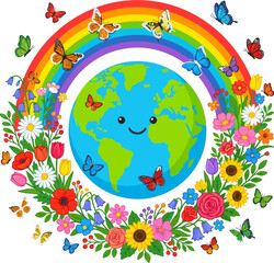 Naklejka premium Smiling cartoon earth with rainbow and colorful flowers surrounded by butterflies isolated on transparent background, Vector