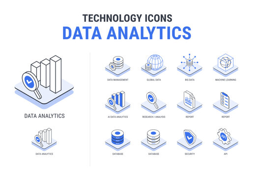 Technology outline icons set for Data Analytics AI workflow diagram - Database, big data, global data, report, research, analysis - Minimal isometric vector in blue and black isolated on white backgro