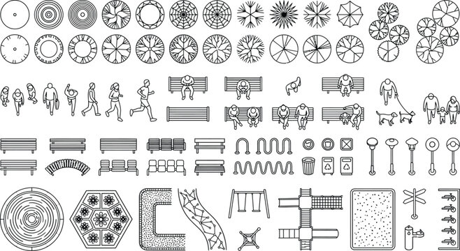 Landscape CAD mega symbol vector set, architectural site plan icons with trees, shrubs, benches, paving textures, stairs and human figures for urban planning, park design and blueprint drafting