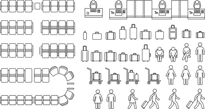 Seating layout CAD vector set, architectural top view people and chair symbols with auditorium rows, classroom seating, conference layouts and human figures for space planning and blueprint design