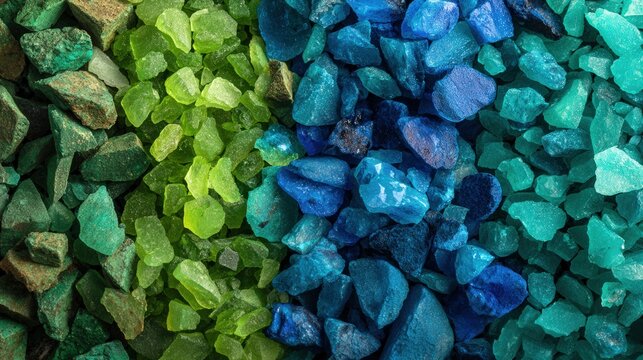 Green and blue crushed stones gradient, mosaic artist planning color layout, aquarium substrate option with saturated chips, closeup texture emphasizing tiny facets and translucency, coastal inspired