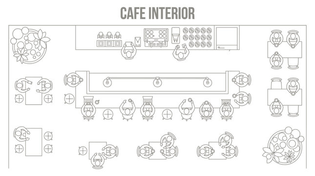Cafe interior architectural floor plan with booth and bar seating layout for coffee shop design and commercial hospitality renovation planning