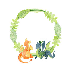 Fototapeta premium Vector watercolor wreath with cute dragons. Hand drawn illustration