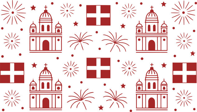 Malta republic day seamless pattern with churches, flags, fireworks