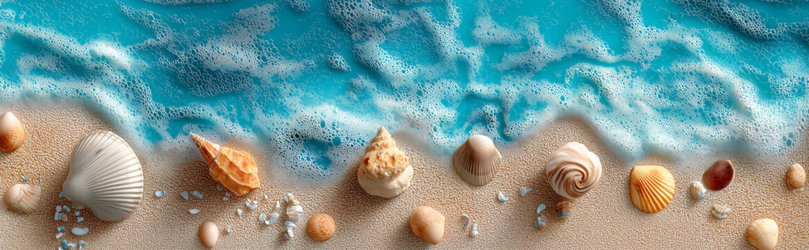 Sea shell beach sand wave foam shore tropical ocean coast summer seascape seashell pattern serene coastal border