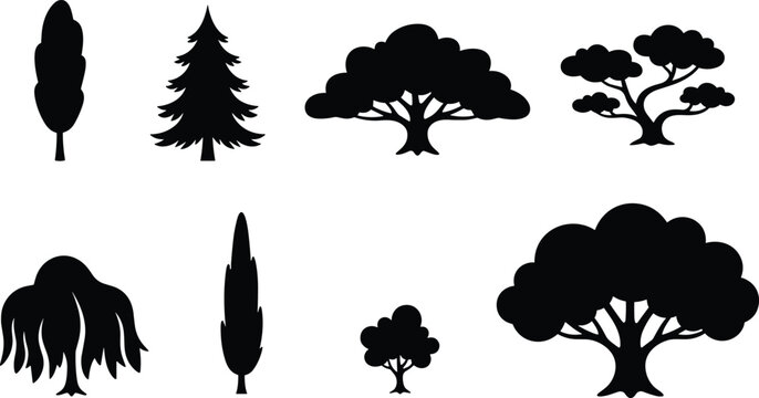Black Tree Silhouette Vector Set Featuring Pine Bonsai Willow and Decorative Forest Trees for Nature Design Projects