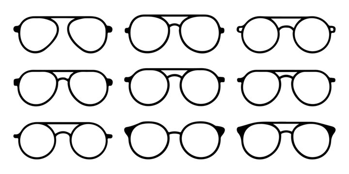 Set of retro sunglasses silhouettes and summer eyewear icons collection isolated on light background with round aviator and stylish sun glasses vector style design