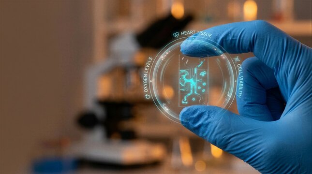 Gloved hand holding microfluidic chip with holographic heart tissue and cell viability data.