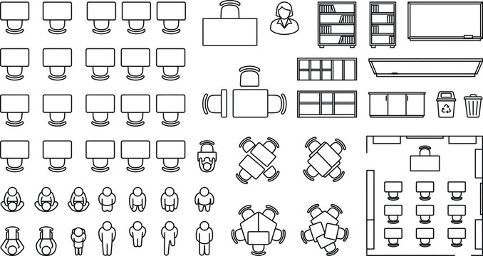 Office classroom CAD vector set, top view furniture symbols with desks, chairs, conference tables, whiteboard, storage units and people figures for floor plan layout and space planning design