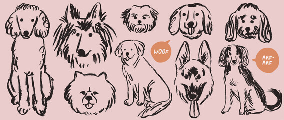 Fototapeta na wymiar Scribble chalk or charcoal style dogs drawing. Hand drawn rough puppy sketches. Wax crayon grunge funny whimsical cute illustrations for t-shirt print, placard, poster or isolated doodle stickers.