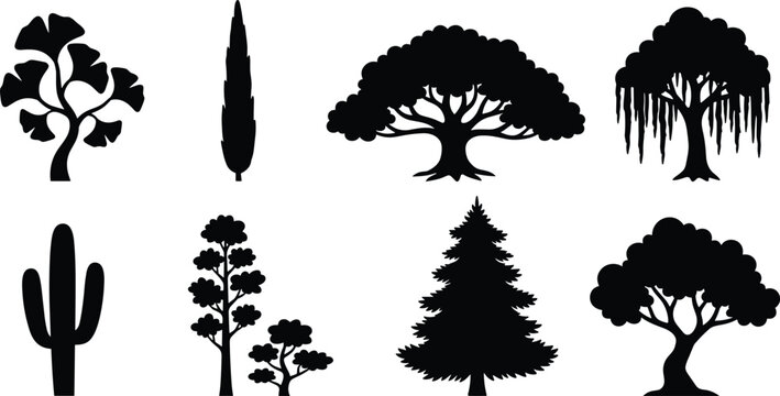 Decorative Tree and Cactus Silhouette Vector Collection with Bonsai Cypress and Pine Nature Design Elements